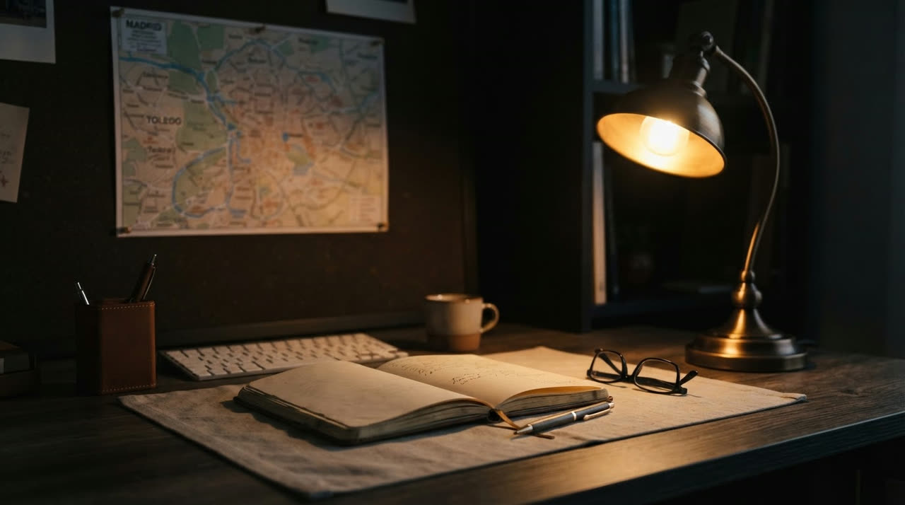 Escritorio con un mapa de Madrid y Toledo, cuaderno y lámpara