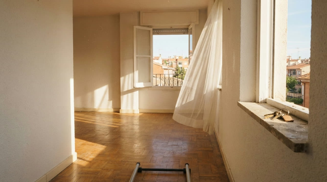 Piso vacío y luminoso con la ventana abierta y unas llaves en el alféizar