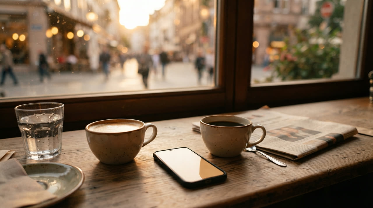 Dos cafés y un móvil sobre una mesa junto a la ventana de una cafetería