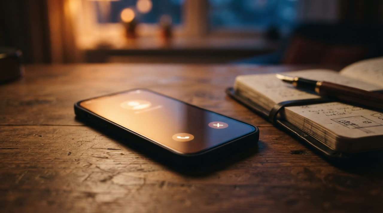 Móvil iluminándose sobre una mesa de madera junto a un cuaderno