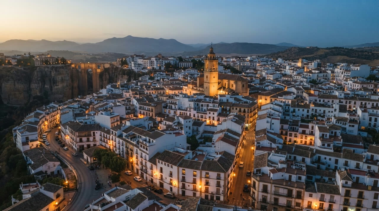Pueblo al anochecer con las ventanas encendiéndose